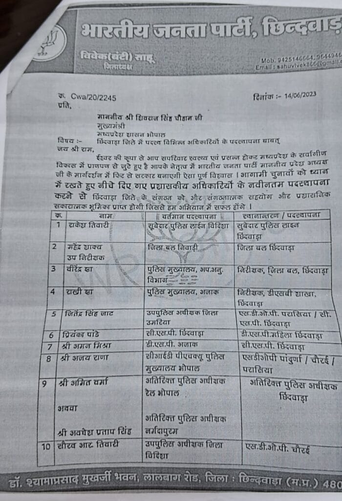 भाजपा नेताओं पर 66 अफसरों के ट्रांसफर कराने का आरोप, छिंदवाड़ा के पूर्व विधायक ने की चुनाव आयोग से शिकायत, मांगी जानकारी 1 BJP leaders accused of transfer of 66 officers, former Chhindwara MLA complains to Election Commission, seeks information, BJP V/s congress, dipak saxena, MP news, political conflict, chhindwada news